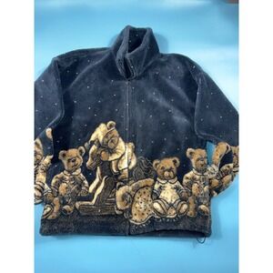 Vintage Teddy Bear‎ Fleece Jacket Navy Blue Graphic Full Zip Plush Mock Neck